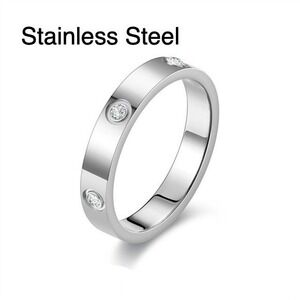 Stainless Steel Band Ring with Zircon Accents Silver Tone Size 8